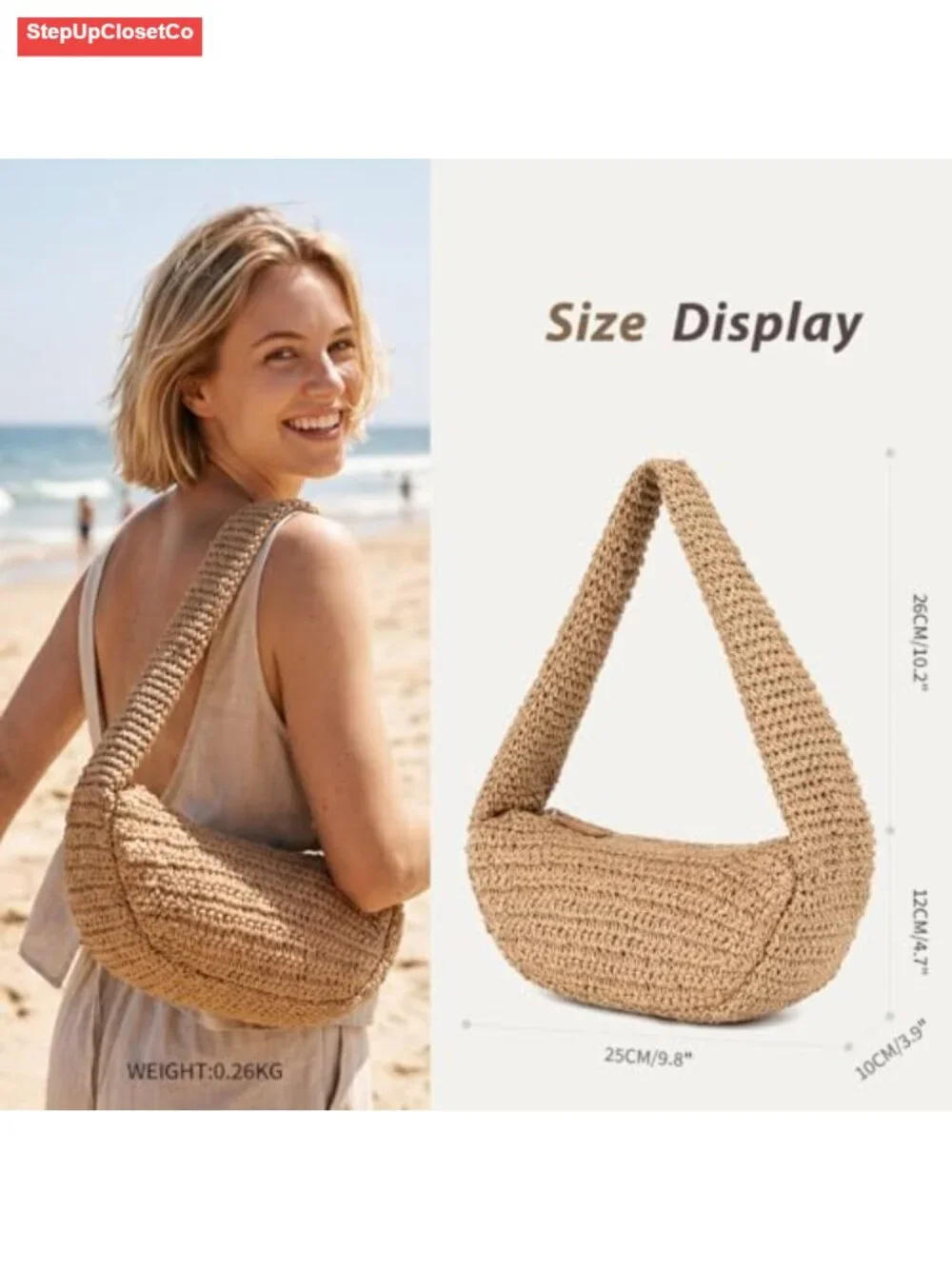 Woven Straw Hobo Shoulder Bag with Zipper, Retro Half Moon Tote Purse for Summer
